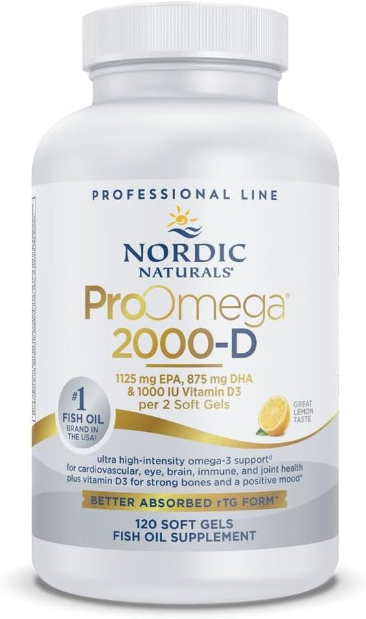 Nordic Naturals ProOmega 2000-D, Lemon Flavor - 120 Soft Gels - 2150 mg Omega-3 + 1000 IU D3 - Ultra High-Potency Fish Oil - EPA & DHA - Brain, Heart, & Immune Health - Non-GMO - 60 Servings