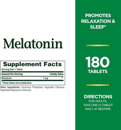Nature's Bounty Melatonin, 100% Drug Free Sleep Aid, Promotes Relaxation and Sleep Health, 1mg, 180 Tablets (Pack of 2)