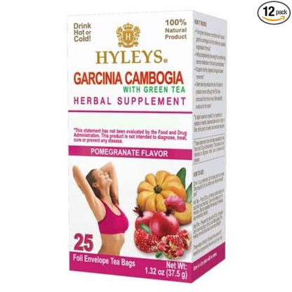 HYLEYS Tea Garcinia Cambogia Green Tea with Pomegranate Flavor - 25 Tea Bags (12 Pack - 300 Tea Bags Total)