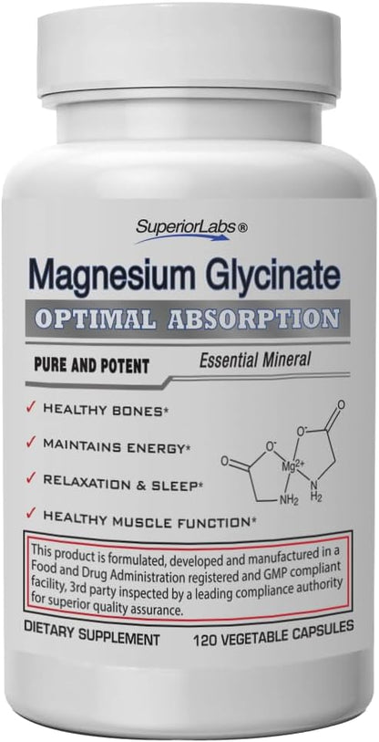 Superior Labs - Magnesium Glycinate - 1250 mg, 120 Vegetable Capsules - Essential Mineral - Maintains Energy - Healthy Bones and Muscle Function- Relaxation & Sleep