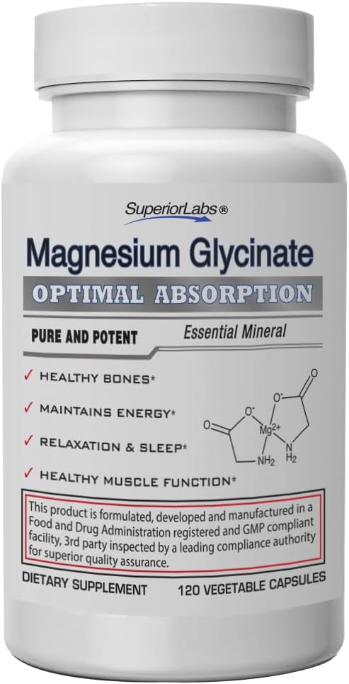 Superior Labs - Magnesium Glycinate - 1250 mg, 120 Vegetable Capsules - Essential Mineral - Maintains Energy - Healthy Bones and Muscle Function- Relaxation & Sleep