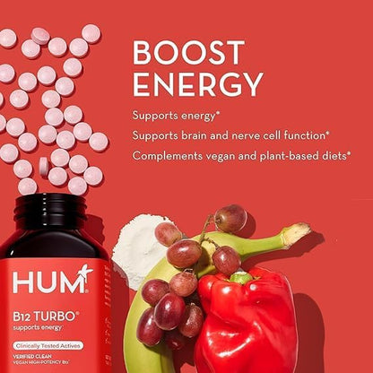 HUM B12 Turbo - Daily Energy & Calcium Support & Mood Support + Hormone Balance - Non-GMO, Gluten-Free, Vegan (30-Count)
