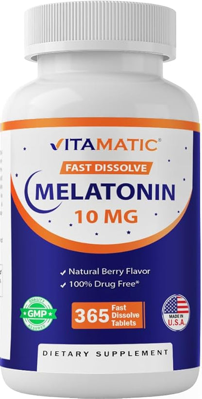 Vitamatic Melatonin 10 mg Tablets | Vegetarian, Non-GMO, Gluten-Free | 1-Year Supply | Natural Berry Flavor - 365 Tablets