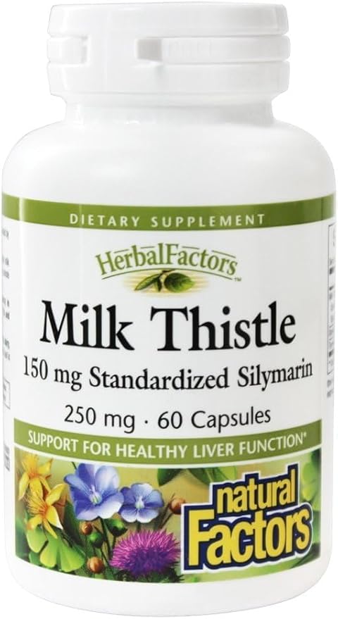 Natural Factors HerbalFactors, Milk Thistle 250 mg, Promotes Healthy Liver Function with Dandelion and Turmeric, 60 Capsules