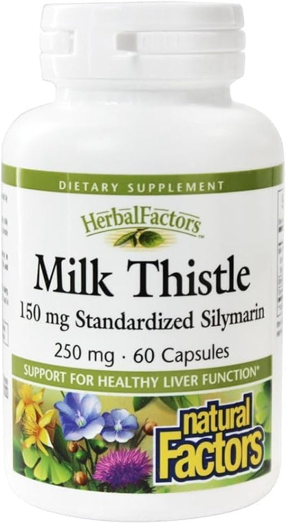 Natural Factors HerbalFactors, Milk Thistle 250 mg, Promotes Healthy Liver Function with Dandelion and Turmeric, 60 Capsules