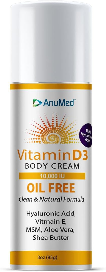 AnuMed Vitamin D3 10,000 IU Oil-Free Cream with Magnesium + Hyaluronic Acid, Vitamin E. Moisturizing Cream for Dry Skin. Non-Greasy, Non-GMO, 100% Vegan, Gluten-Free (3oz)