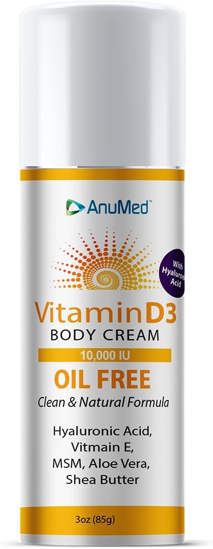 AnuMed Vitamin D3 10,000 IU Oil-Free Cream with Magnesium + Hyaluronic Acid, Vitamin E. Moisturizing Cream for Dry Skin. Non-Greasy, Non-GMO, 100% Vegan, Gluten-Free (3oz)