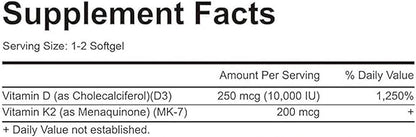 D3 K2, Vitamin D3 K2 Supplement Softgels, 2-in-1 Vitamin D3 K2 Supplement Softgel, 10000 Iu VIT D3 + 200 Mcg Vitamin K2, 300 Softgels/Pack (180)