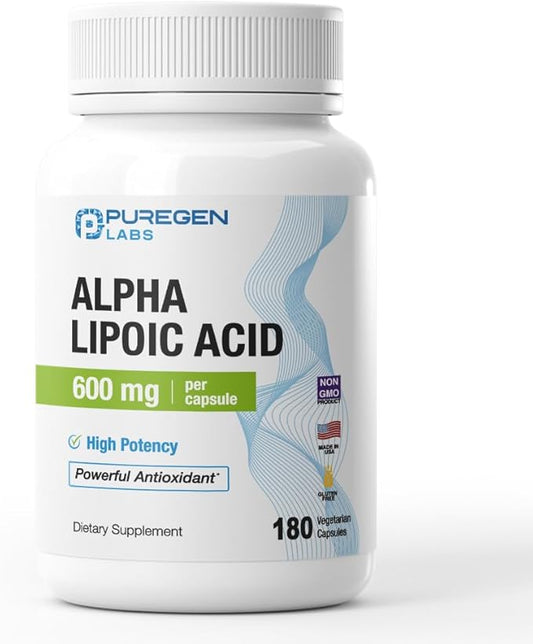 Puregen Labs Alpha Lipoic Acid 600mg [High Potency] 180 Veggie Caps, Antioxidant Support | No Harmful Additives | Non-GMO, NO Gluten and Dairy, 600 mg per Capsule - Made in USA