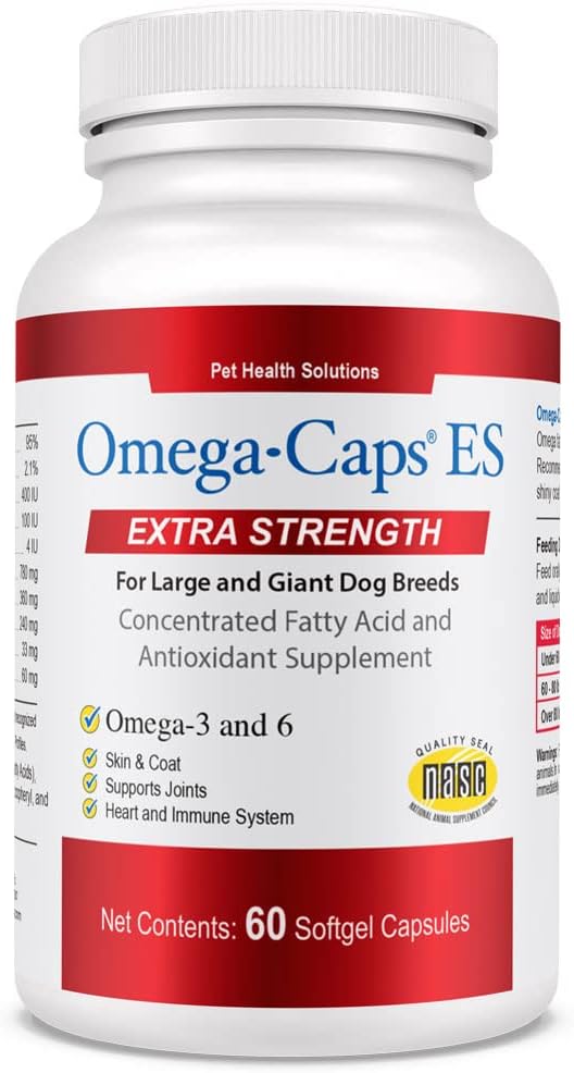 Omega-Caps Extra Strength for Large Breeds-Vet Formulated for Healthy Radiant Skin & Coat While Reducing Excess Shedding. Contains Omega 3 for Immune System Support, Easy to Dose, 60 Soft Gel Capsules