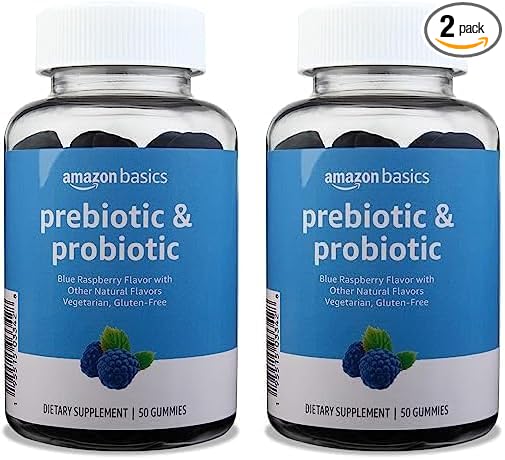 Amazon Basics Prebiotic & Probiotic Gummies, 2 Billion CFU, Blue Raspberry, 50 Count (2 per Serving) (Previously Solimo) (Pack of 2)