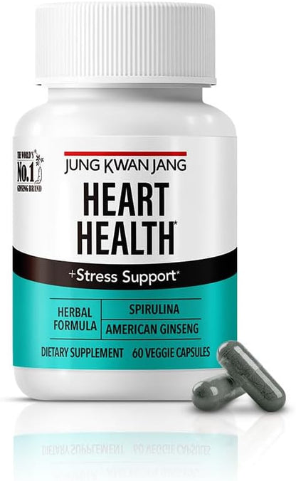 JungKwanJang Heart Health with Spirulina (1,000mg) and American Ginseng (143mg) - Supports Immune System, Heart, Energy, 60 Herbal Capsules for Men and Women