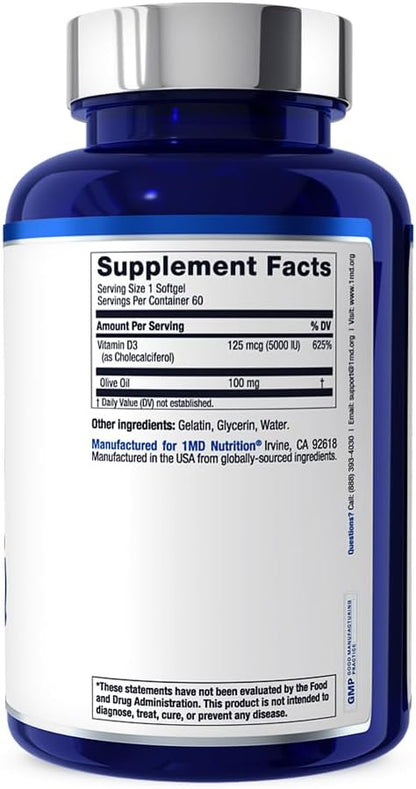 1MD Nutrition Vitamin D3 5000 IU Softgels | Bone Health, Muscle Function, & Immune Support | Wheat Free and Non-GMO with Olive Oil | 2-Month Supply