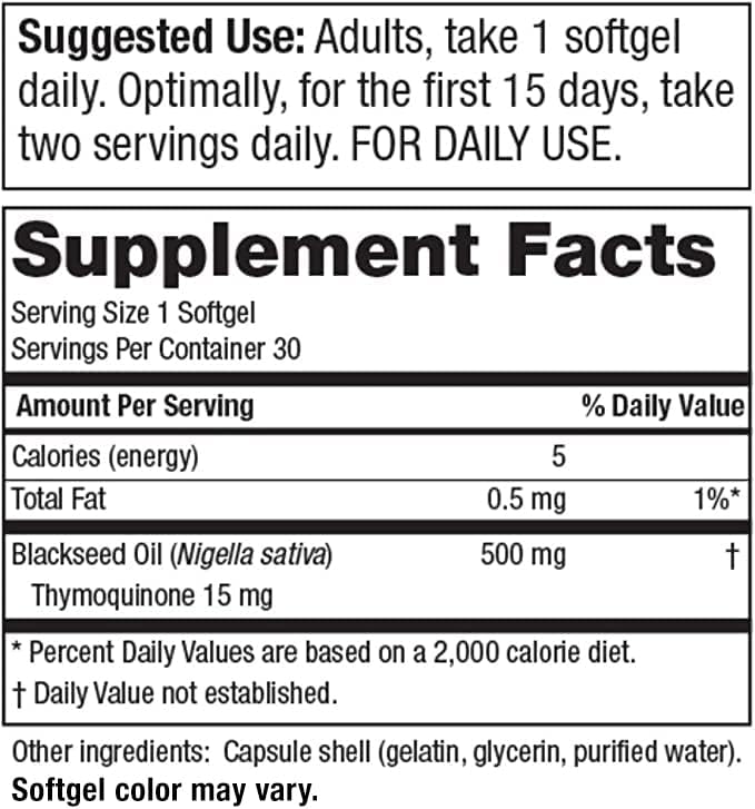 Purity Products High Potency Black Seed Oil - Double Strength + Cold Pressed - 3% Thymoquinone - 500 mg Black Cumin Seed Oil - Omega 6 + 9 Essential Fatty Acids - Easy to Swallow - 30 Mini Softgels