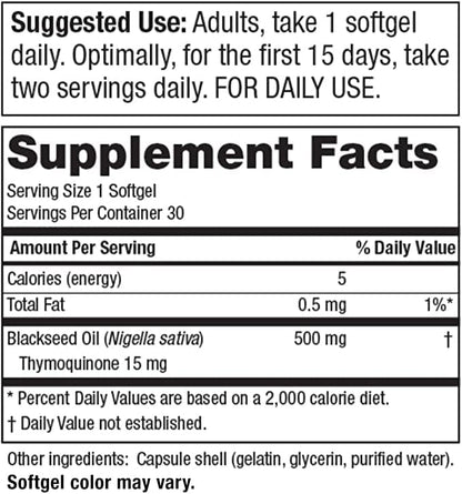 Purity Products High Potency Black Seed Oil - Double Strength + Cold Pressed - 3% Thymoquinone - 500 mg Black Cumin Seed Oil - Omega 6 + 9 Essential Fatty Acids - Easy to Swallow - 30 Mini Softgels