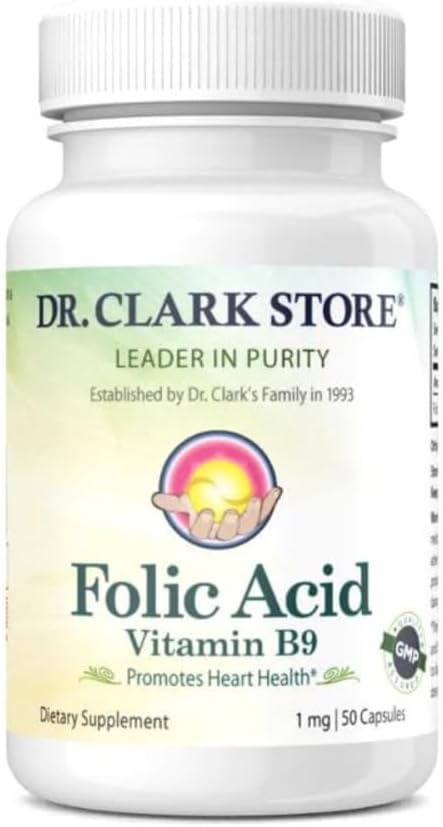 Dr. Clark Folic Acid (Vitamin B9) Supplement – 1mg, 50 Gelatin Capsules, Supports Healthy Pregnancy & Cell Growth