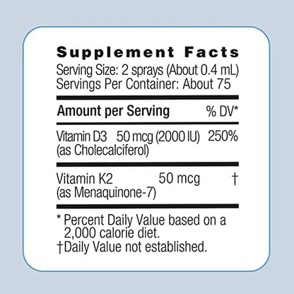 Vitamin D3 Oral Spray | 2000 IUs Vitamin D3 | Vitamin K2 and MCT Oil | Natural Immunity Booster & Bone Strength | Orange Cranberry Flavor | Travel Size, 75 Servings
