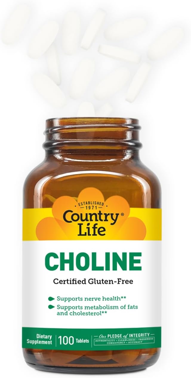 Country Life Choline 266mg, Certified Gluten Free, Certified Vegan, Certified Halal - 100 Tablets