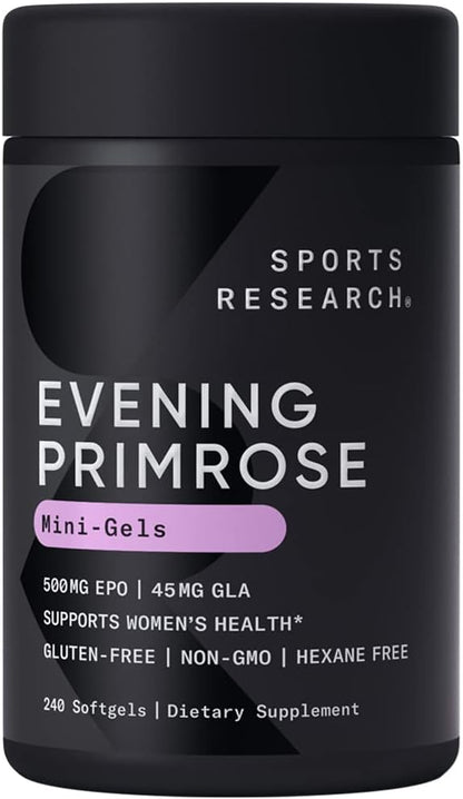Sports Research Evening Primrose Oil (500mg) Cold-Pressed with No fillers or Artificial Ingredients, Non-GMO Tested - Gluten & Soy Free (240 Liquid Softgels)