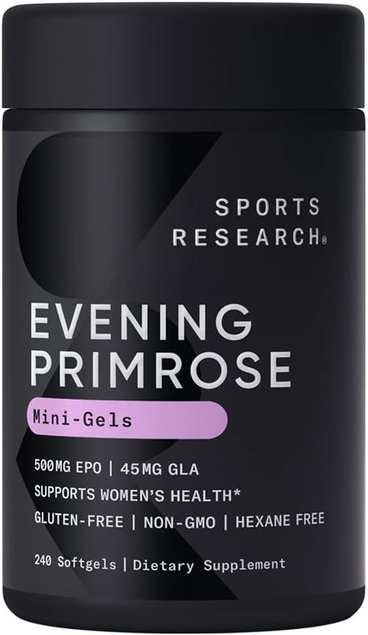 Sports Research Evening Primrose Oil (500mg) Cold-Pressed with No fillers or Artificial Ingredients, Non-GMO Tested - Gluten & Soy Free (240 Liquid Softgels)