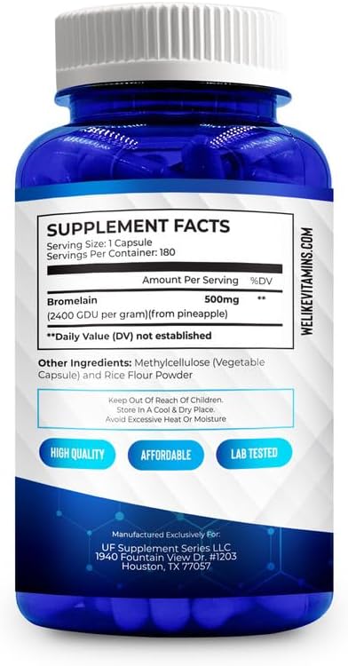We Like Vitamins Bromelain 500mg Capsules - 1200 GDU/Serving - Bromelain Supplement from Pineapple Extract - Proteolytic Enzymes for Digestion, Absorption, Joint Pain, Muscle Soreness - 180 Capsules