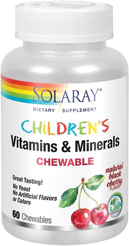 SOLARAY Childrens Vitamins & Minerals Complete Multivitamin for Kids Great Black Cherry Flavor (076280047974) (60 Chews, 30 Serv)