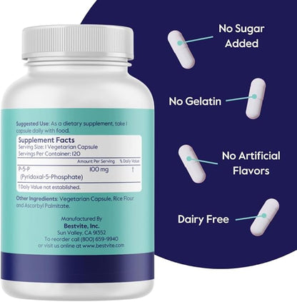 BESTVITE P-5-P 100mg (120 Vegetarian Capsules) (CoEnzymated Form of B-6) - No Stearates - Vegan - Non GMO - Gluten Free - No Silicon Dioxide - No Gelatin