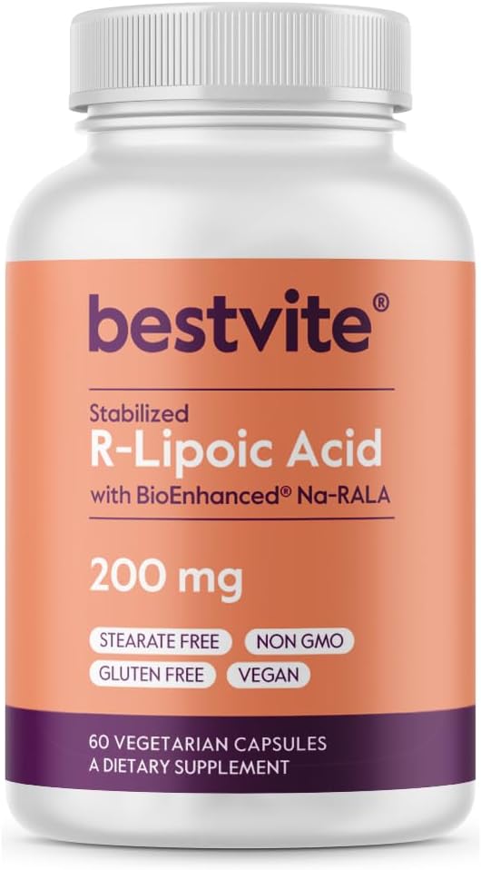 BESTVITE R-Lipoic Acid 200mg Stabilized with Bio-Enhanced Na-RLA (60 Vegetarian Capsules) - No Stearates - No Fillers - Vegan - Gluten Free - Non GMO