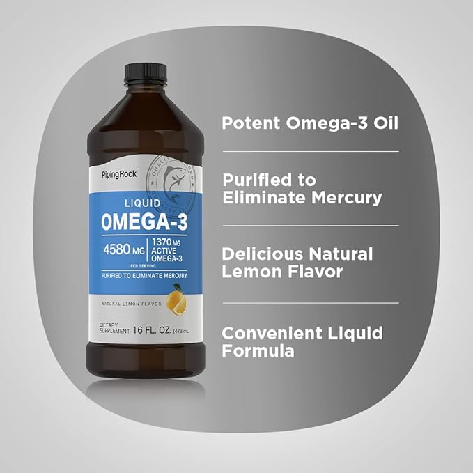 Piping Rock Omega 3 Fish Oil Liquid | 16 Fl Oz | Mercury Free | Lemon Flavor | 1370 mg Active Omega-3 Supplement | Non-GMO, Gluten Free
