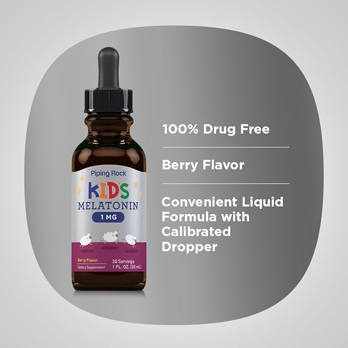 Piping Rock Kids Melatonin Liquid 1 fl oz | 1mg | Pack of 3 Bottles | Berry Flavor Drops | Non-GMO, Gluten Free Supplement