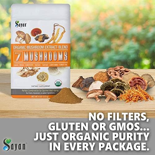 Sayan 7 Mushrooms USDA Organic Extract Powder Blend Supplement 4 oz / 113g - Chaga, Reishi, Cordyceps, Maitake, Shiitake, Lion's Mane and Turkey Tail, No Fillers, Add to Coffee or Tea, Fruiting Body