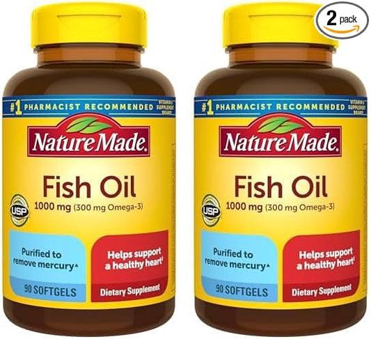 Nature Made Fish Oil Omega 3 Supplements, 1000 mg Softgels, Omega 3 Fish Oil for Healthy Heart Support, 90 Softgels, 45 Day Supply (Pack of 2)