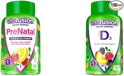 Vitafusion PreNatal Gummy Vitamins & Vitamin D3 Gummy Vitamins for Bone and Immune System Support, Peach, BlackBerry and Strawberry Flavored, 50 mcg Vitamin D, 75 Day Supply, 150 Count