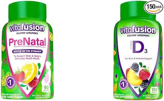 Vitafusion PreNatal Gummy Vitamins & Vitamin D3 Gummy Vitamins for Bone and Immune System Support, Peach, BlackBerry and Strawberry Flavored, 50 mcg Vitamin D, 75 Day Supply, 150 Count