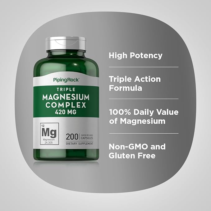 Piping Rock Triple Magnesium Complex | 420 mg | 200 Capsules | Magnesium Oxide, Citrate, and Aspartate Supplement | Non-GMO, Gluten Free