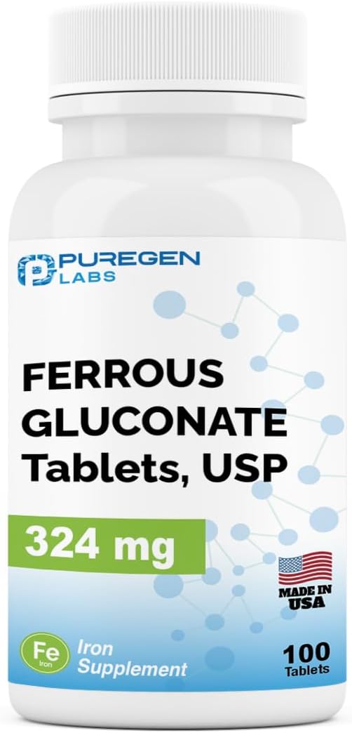 Puregen Labs Ferrous Gluconate 324 mg [High Potency] Iron Supplement, Gentle on Stomach - 100 Tablets