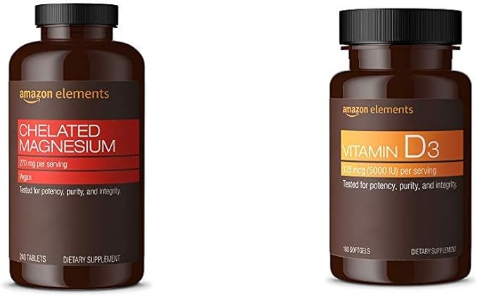 Amazon Elements Chelated Magnesium Glycinate (240 Tablets) and Vitamin D3 (180 Softgels)