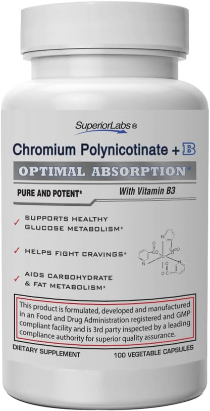 Pure Chromium Polynicotinate Supplement - Made in USA - 200mcg + Vitamin B3 for Optimal Absorption, Veggie Cap, 14 Week Supply