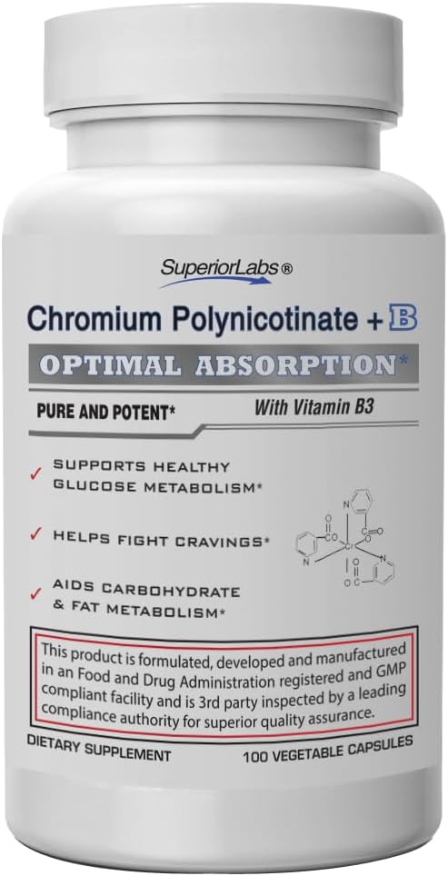 Pure Chromium Polynicotinate Supplement - Made in USA - 200mcg + Vitamin B3 for Optimal Absorption, Veggie Cap, 14 Week Supply
