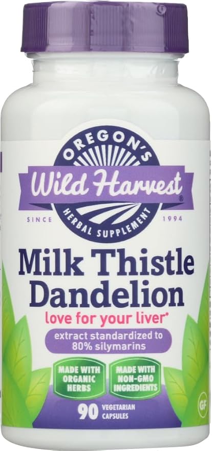 Oregon's Wild Harvest Milk Thistle Dandelion - Extract Standardized to 80% Silymarins (90 Capsules)