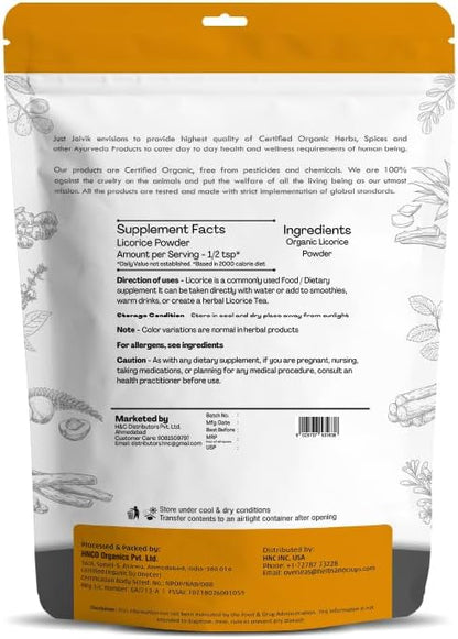 Just Jaivik 100% Organic Licorice Root Powder - 227 gm / 0.5 lb Mulethi | Glycyrrhiza Glabra/Yastimadu | May Enhance Gut, Respiratory & Digestive Wellness | USDA Organic Certified Herb