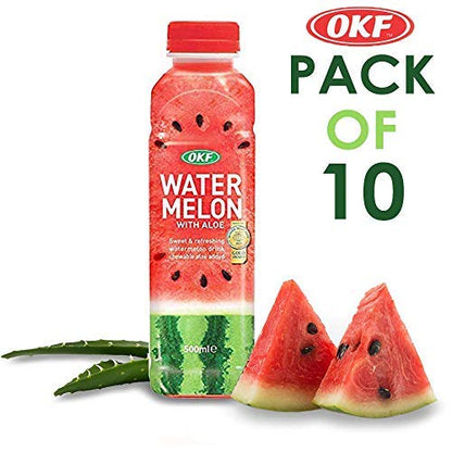 OKF Watermelon with Aloe Vera Drink, Sweet and Refreshing W/Chewable Aloe added. Real Watermelon Juice and Real Aloe Vera Gel Added, 16.9 Fluid Ounce (Pack OF 10)