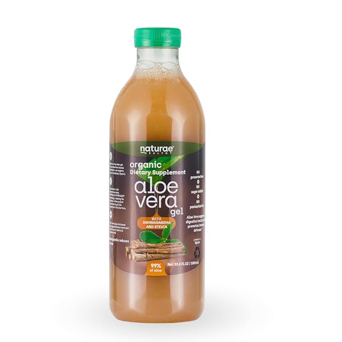 Naturae Healthy Organic Aloe Vera juice with Ashwagandha & Stevia -Cold processed- Fresh Aloe Vera leaves- 33.81 Fl Oz