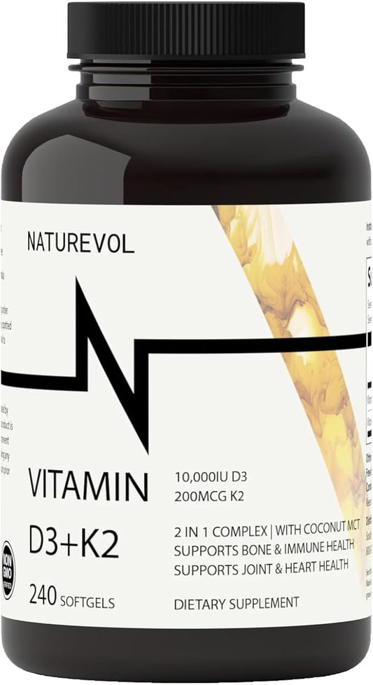 Vitamin D & K Complex with Coconut MCT Oil | D3 10000 IU Plus K2 (MK-7) 200 mcg for Healthy Muscle Function & Immune Support | Easy to Swallow | Soy & Gluten Free - Mini Softgels (240 Servings)