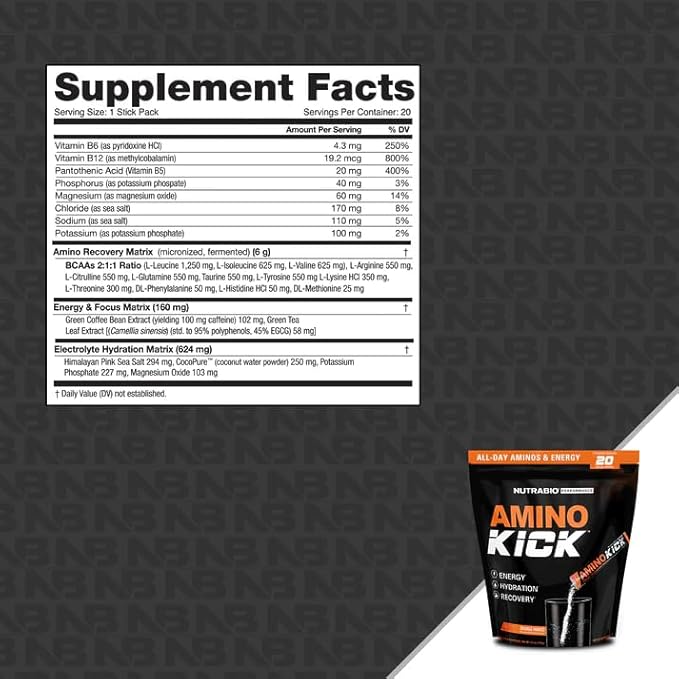 NutraBio – Amino Kick – All in One Performance Formula Energy, Hydration, Recovery 20 Servings, (Orange Mango) – 6g Amino Acids – Support Muscle Building