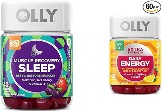 OLLY Muscle Recovery Sleep Gummies, Sleep and Sore Muscle Support, 3mg Melatonin & Extra Strength Daily Energy Gummy, Caffeine Free, 1000mcg Vitamin B12, CoQ10, Goji Berry