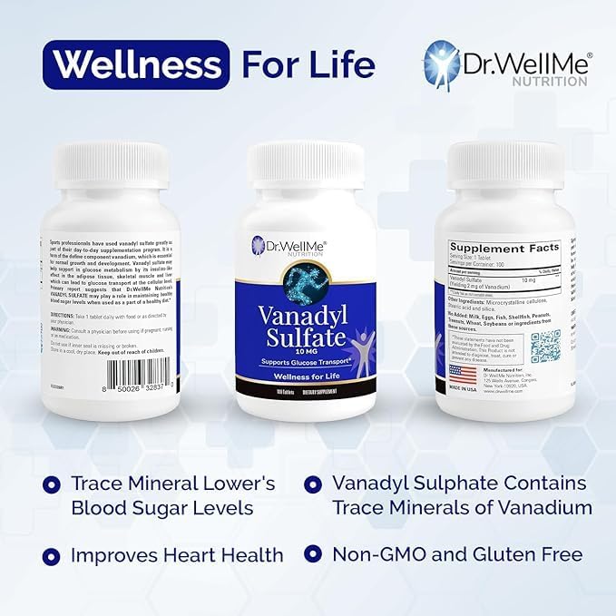 Dr.WellMe Vanadyl Sulfate Supplement 10 mg – 2 x 100 Tablets – Non-GMO, Gluten-Free Tablets