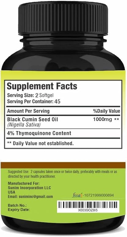 Black Seed Oil Capsules 1000 mg Softgel | 90 Capsules for Men & Women