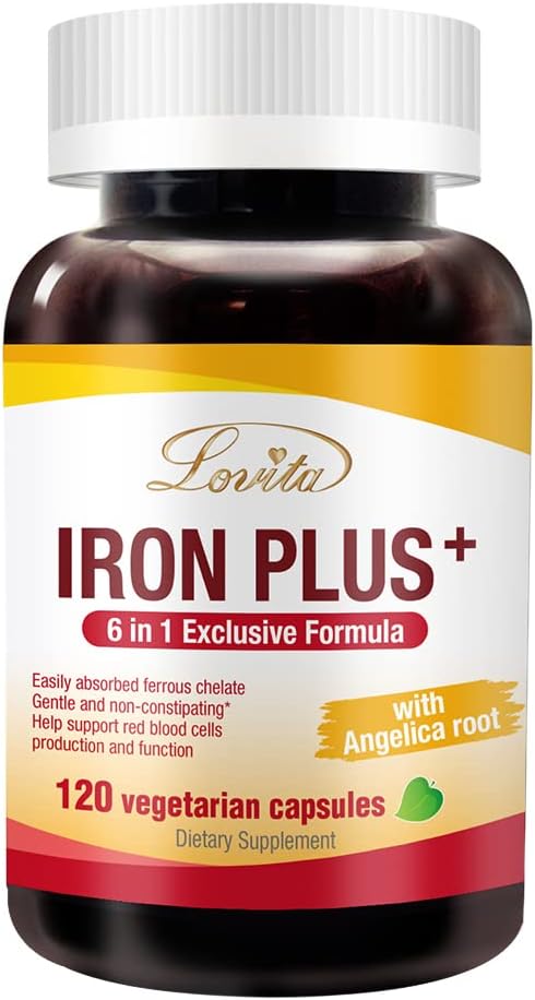 Lovita Iron 18 mg, 6 in 1 Iron Supplement for Women, Iron with Vitamin C, Dong Quai & B12, Vegan Iron Vitamin to Support Red Blood Cell Production Without Constipation, 120 Capsules
