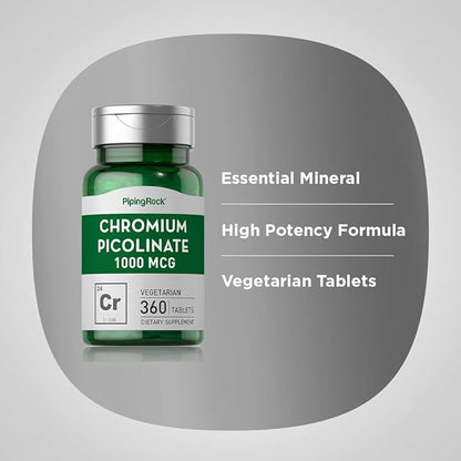 Piping Rock Chromium Picolinate 1000mcg | 360 Tablet Pills | Chromium Supplement | Vegetarian, Non-GMO, Gluten Free Supplement